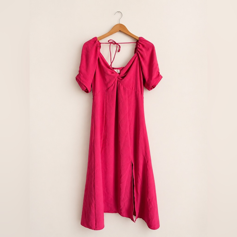 Bright Pink Puff Sleeve Midi Dress | Twist Front | Feminine Summer Dress